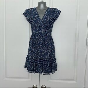 Max Studio Blue Floral Dress Size XS Smocked Back Ruffle